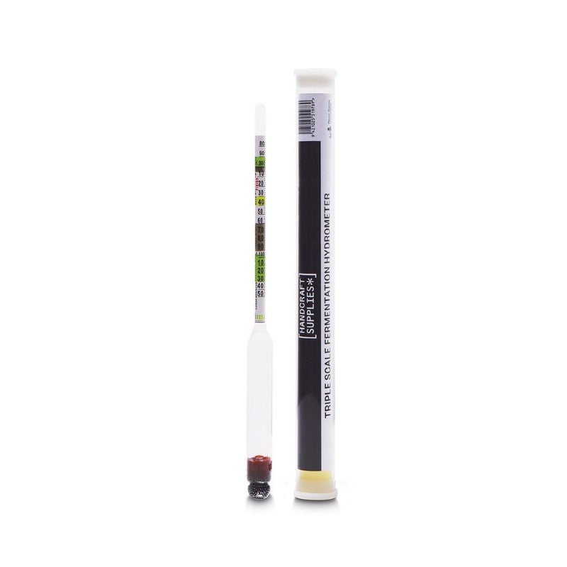 HS Triple Scale Hydrometer in trial jar for precise measurements of specific gravity, alcohol potential, and sugar content.
