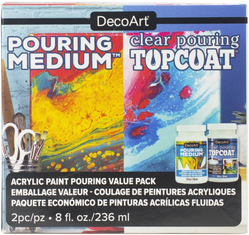 DecoArt 8oz Pouring Value Pack includes pouring medium and clear top coat for vibrant fluid art without cracking or crazing.
