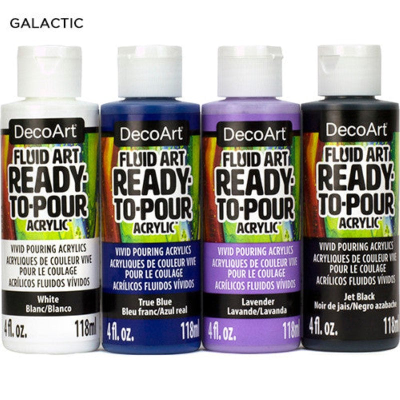 Decoart Fluidart Galactic Paint Pouring Kit featuring vibrant ready-to-pour acrylic paints for effortless fluid art creations.