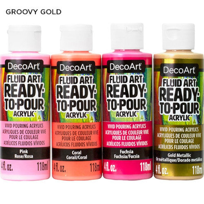 Decoart Fluidart Groovy Gold Paint Pouring Kit: vibrant ready-to-pour acrylics for effortless fluid art creations.