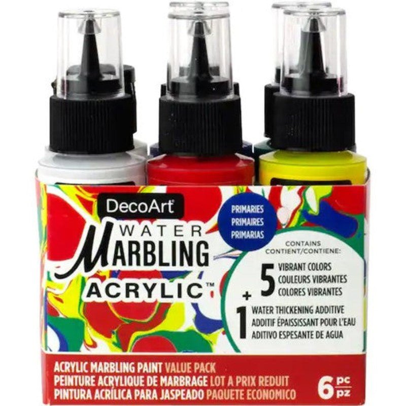 Pack of 6 DecoArt water marbling paints in primary colors, includes medium for creating unique swirling designs on water.