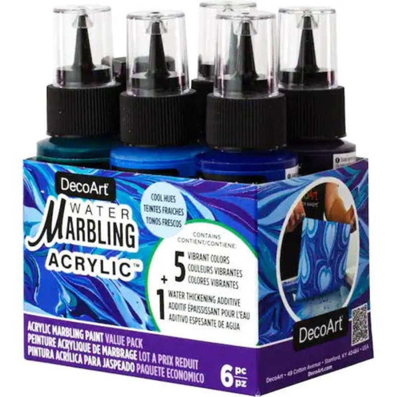 DecoArt Water Marbling Paints Cool Hues set of 6 in 2 oz. bottles, ideal for creating unique water patterns and designs.