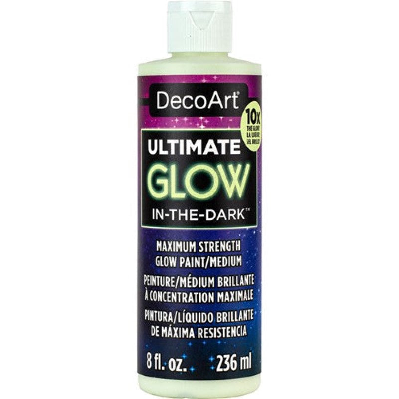Decoart 2oz Ultimate Glow paint in a clear bottle, featuring high-quality phosphorescent pigments for vibrant glow-in-the-dark effects.