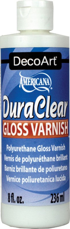 Decoart Dura Clear Gloss Varnish 236ml in a bottle, providing a non-yellowing glossy finish for durable art protection.