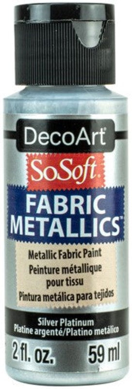 Decoart Sosoft Metallic Paint in Silver Platinum, vibrant, flexible, and machine washable for creative fabric projects.
