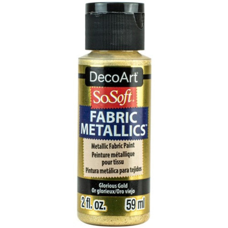Decoart Sosoft Metallic Paint in Glorious Gold, a 2oz fabric paint for vibrant, flexible designs, machine washable and durable.