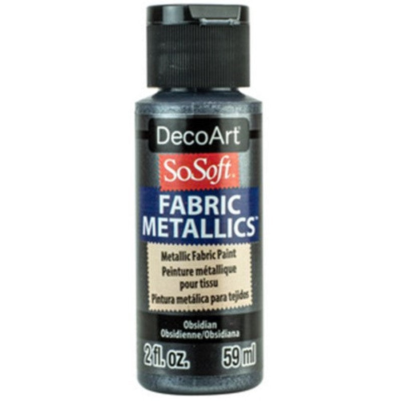 Decoart Sosoft Metallic Paint in Obsidian, 2oz, offers vibrant color and a soft, flexible finish for fabric crafting projects.
