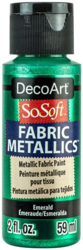 Decoart Sosoft Metallic Paint in Emerald, a 2oz fabric paint offering a vibrant metallic finish for versatile DIY projects.