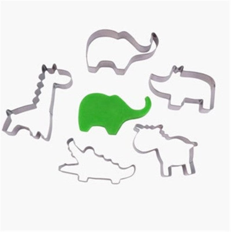 Set of 5 jungle animal metal cutters for baking, including lion, elephant, monkey, giraffe, and zebra.