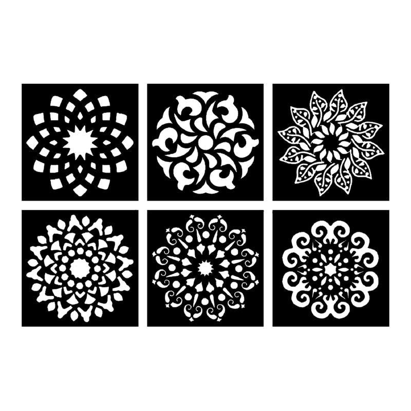 Durable and reusable mandala stencils set of 6, perfect for artists and DIY projects, measuring 14x14 cm each.