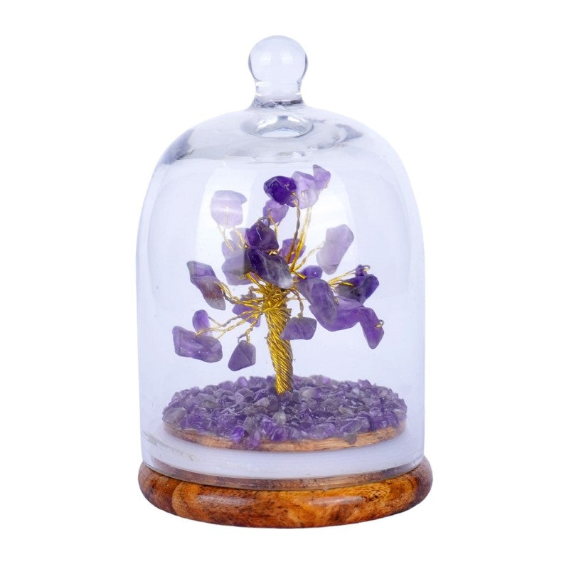 Amethyst Dome Crystal Tree featuring 150 amethyst chips in a glass dome, promoting healing, positivity, and tranquility.