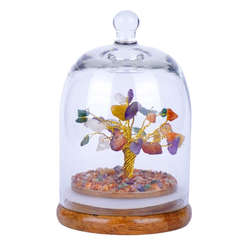 Handcrafted Chakra Dome Crystal Tree featuring seven gemstone chakras in a glass dome for balance and spiritual energy.
