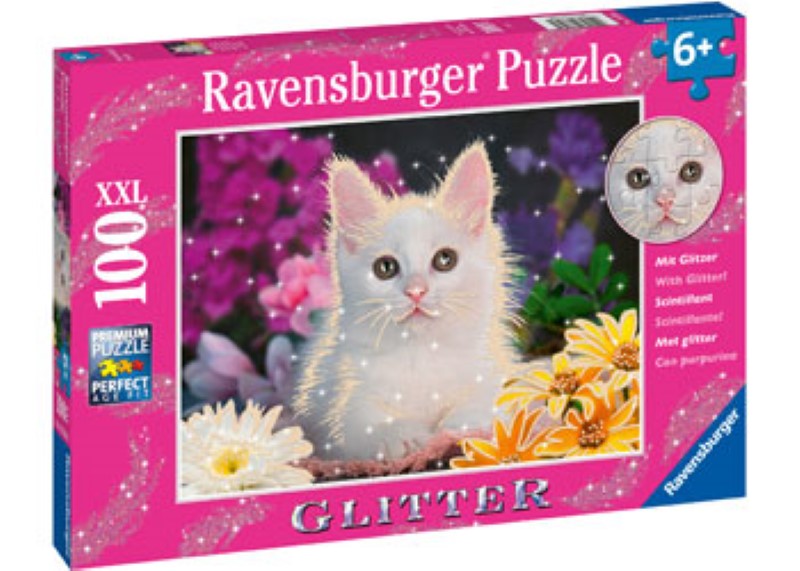 Colorful jigsaw puzzle featuring a glittery cat, perfect for children aged 6+ to enhance problem-solving and motor skills.