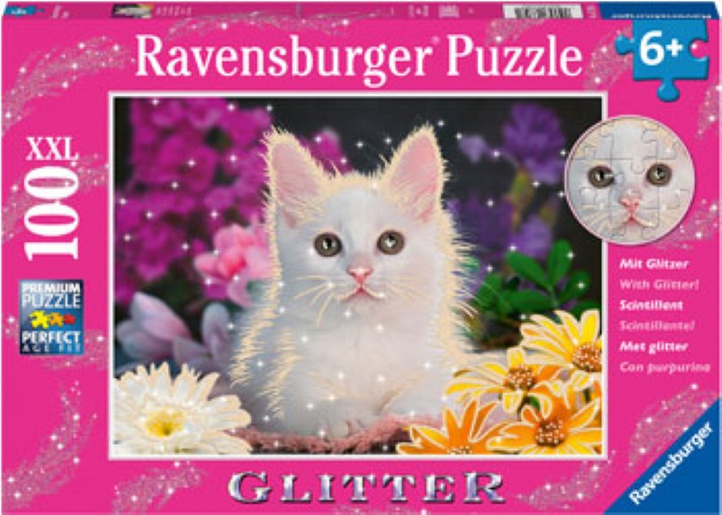 Colorful jigsaw puzzle featuring a glittery cat, designed for kids aged 6+, promoting fun and skill development.
