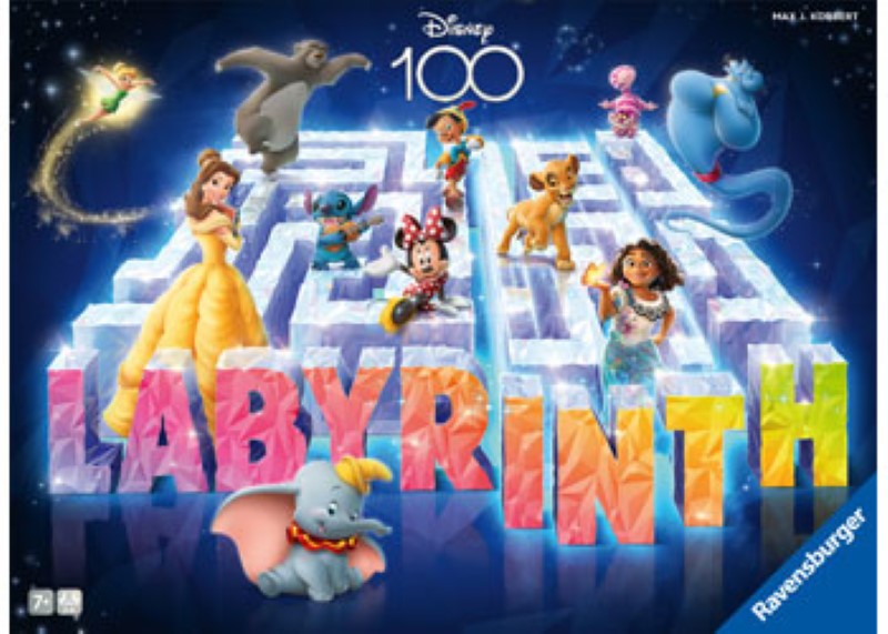 "Ravensburger Disney Labyrinth Jubilee board game featuring Disney characters navigating a colorful maze to collect treasures."