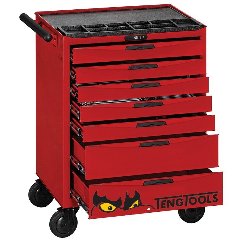 Teng 277pc 26in PRO Cabinet Tool Kit in red cabinet, featuring diverse tools, organized in EVA foam for easy access and efficiency.