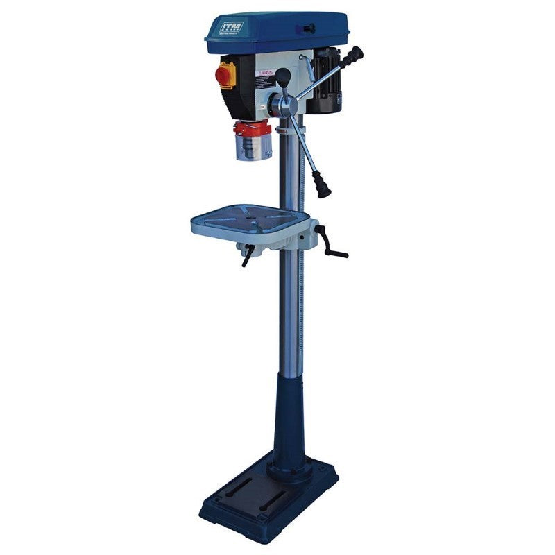 Trademaster Pedestal Floor Drill Press with 16mm capacity, 550W motor, safety features, and adjustable speed settings.
