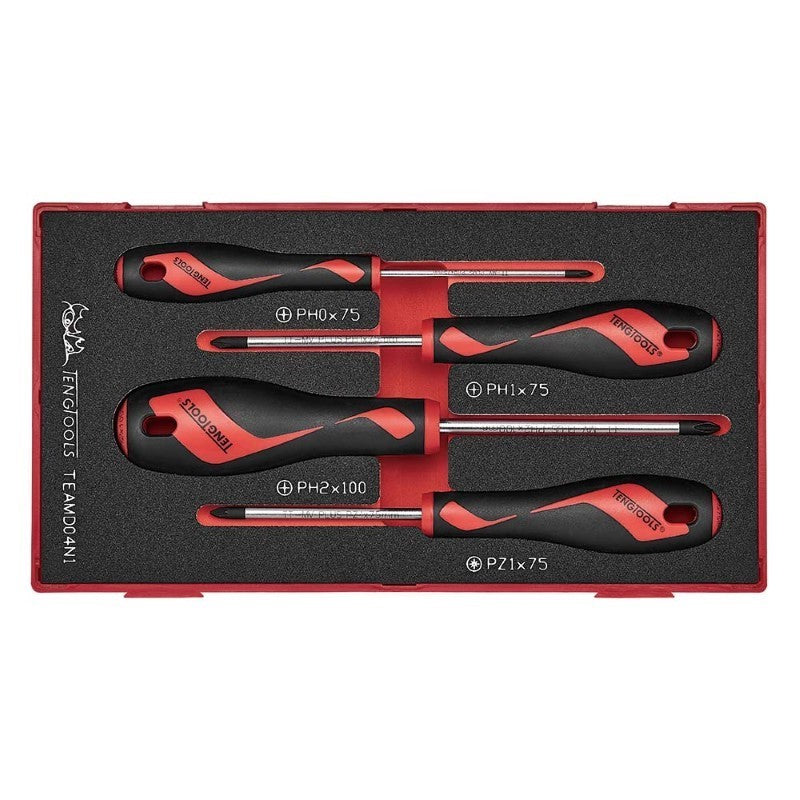 Teng 4pc Screwdriver Set includes PH0, PH1, PH2, and PZ1 screwdrivers with ergonomic handles for precise, durable performance.