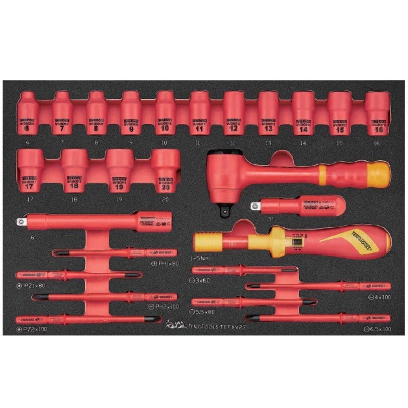 Teng 27pc Socket & Torque Screwdriver Set, insulated for 1000V safety, includes various sizes for optimal performance.
