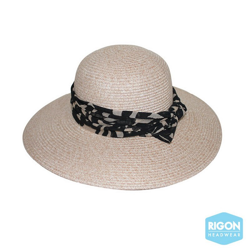 Elegant wheat Monroe Capeline hat with 10.5cm brim and decorative scarf, providing UPF 50+ sun protection for stylish outdoor wear.