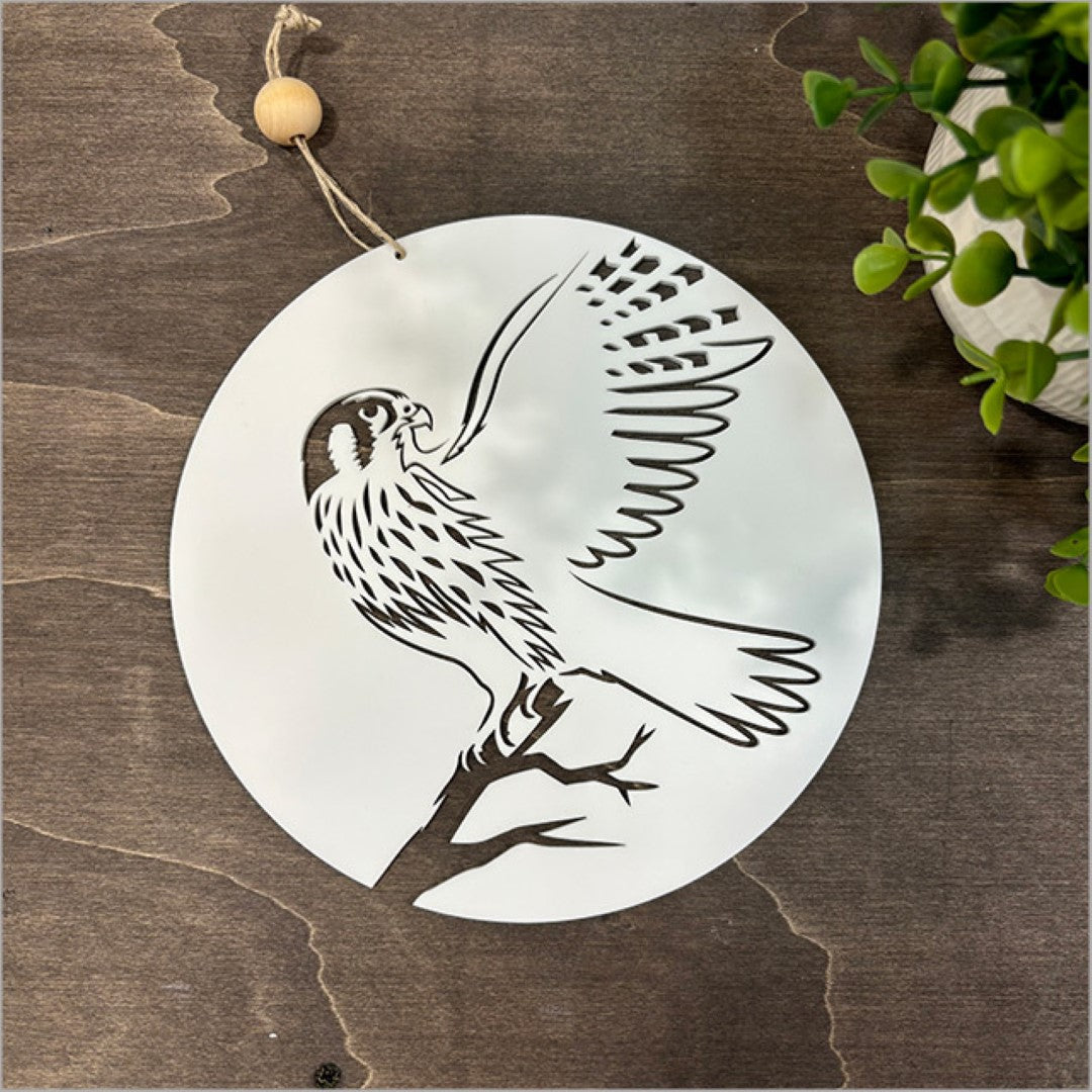 Kiwiana Wall Art - Hanging Acrylic Circle Falcon / Karearea (White)