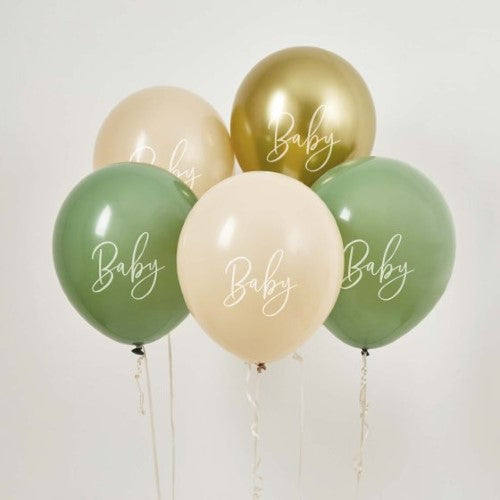 Baby Shower Sage, Nude & Gold 'Baby' 30cm Latex Balloons - Pack of 5