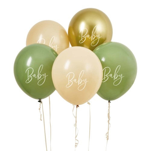 Baby Shower Sage, Nude & Gold 'Baby' 30cm Latex Balloons - Pack of 5