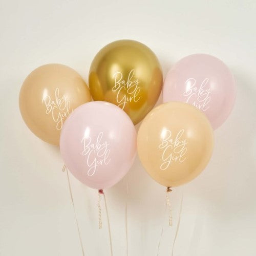 Baby Shower Pink, Nude & Gold 'Baby Girl' 30cm Latex Balloons - Pack of 5