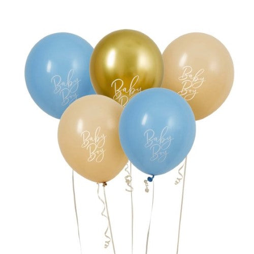 Baby Shower Blue, Nude & Gold 'Baby Boy' 30cm Latex Balloons - Pack of 5