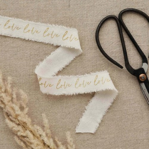 DIY Wedding Gold 'Love' Frayed White Cotton Ribbon - 25mm x 5m