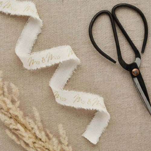 DIY Wedding Gold 'Mr & Mrs' Frayed White Cotton Ribbon - 25mm x 5m