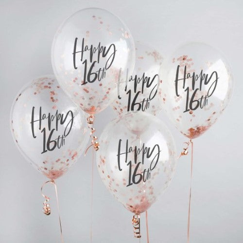 Metallic Mix Up Rose Gold 'Happy 16th' Confetti 30cm Latex Balloons - Pack of 5