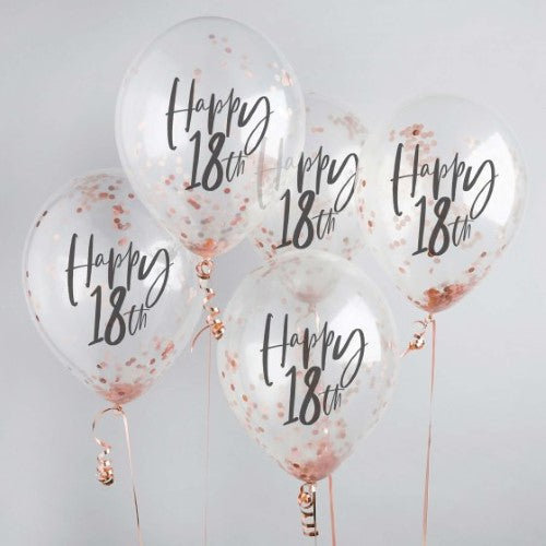 Metallic Mix Up Rose Gold 'Happy 18th' Confetti 30cm Latex Balloons - Pack of 5