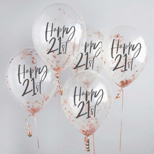 Metallic Mix Up Rose Gold 'Happy 21st' Confetti 30cm Latex Balloons - Pack of 5