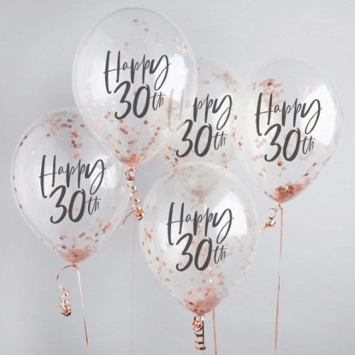 Metallic Mix Up Rose Gold 'Happy 30th' Confetti 30cm Latex Balloons - Pack of 5
