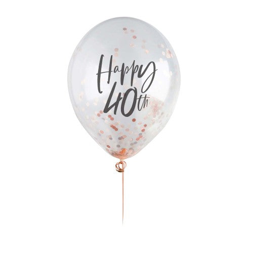 Metallic Mix Up Rose Gold 'Happy 40th' Confetti 30cm Latex Balloons - Pack of 5