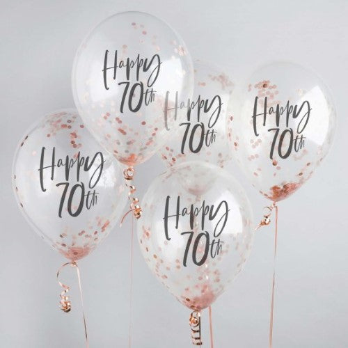 Metallic Mix Up Rose Gold 'Happy 70th' Confetti 30cm Latex Balloons - Pack of 5