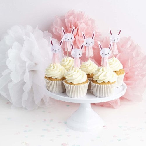 Baby Shower Pink Bunny Tassel Cake Picks - Pack of 6