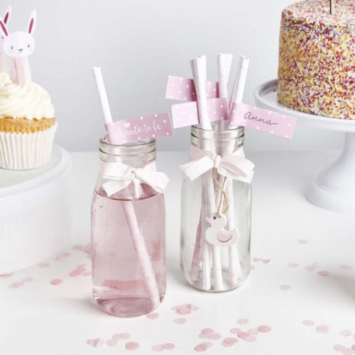 Baby Shower Pink Paper Straws with Flags - Pack of 20