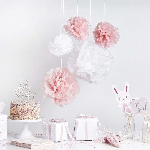 Baby Shower Pink & White Pom Poms - Pack of 5