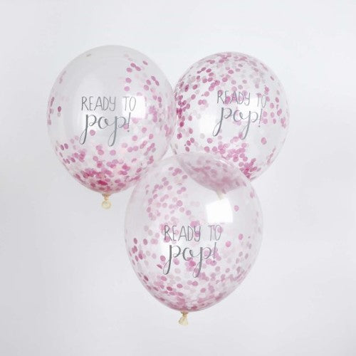 Baby Shower Pink 'Ready To Pop' Confetti Filled 30cm Latex Balloons - Pack of 5