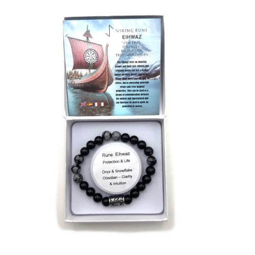 Rune Bracelet - Onyx & Snowflake Obsidian Elhwaz (8mm)