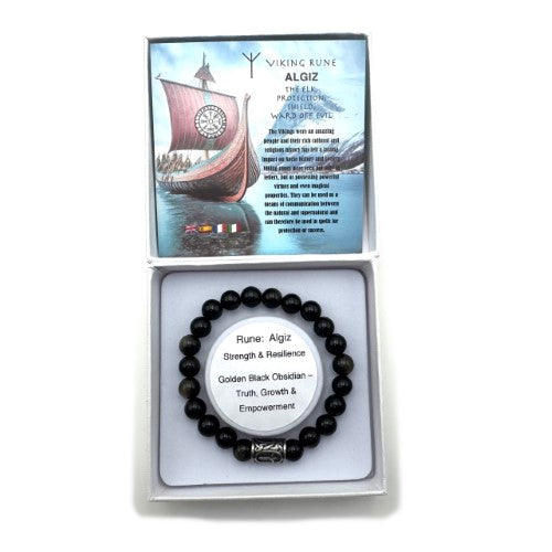 Rune Bracelet - Golden Black Obsidian Algiz (8mm)