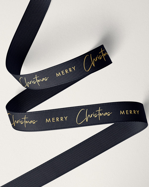 Ribbon - 16mm Merry Christmas Grosgrain Gold on Black