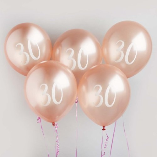 Metallic Mix Up Rose Gold '30' Latex 30cm Balloons - Pack of 5