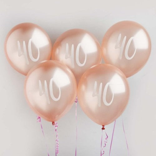 Metallic Mix Up Rose Gold '40' Latex 30cm Balloons - Pack of 5