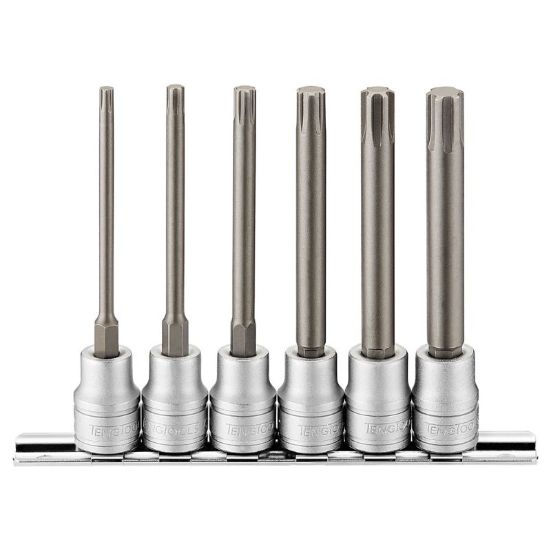 Teng 6pc 3/8in Dr. Long Ribe Bit Socket Set features M4-M10 sizes, 100mm length, durable design, and clip rail for organization.