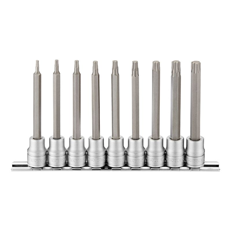 Teng 9pc Long TX Bit Socket Set, TX10-TX50, with durable 100mm sockets and organized clip rail for efficient use.