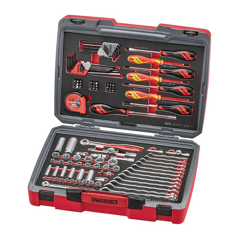 Teng Tools TC-6T EVA 112 Piece Tool Kit with screwdrivers, spanners, sockets, and sturdy carrying case for DIY and professionals.