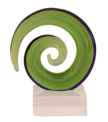 Hand-blown glass round Koru ornament, 100mm tall, symbolizes new beginnings, elegantly packaged for gifting.